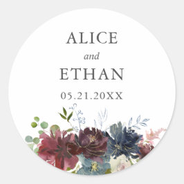 Burgundy en Blue Floral Wedding Ronde Sticker