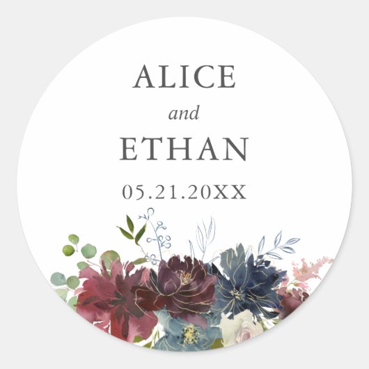 Burgundy en Blue Floral Wedding Ronde Sticker (Voorkant)