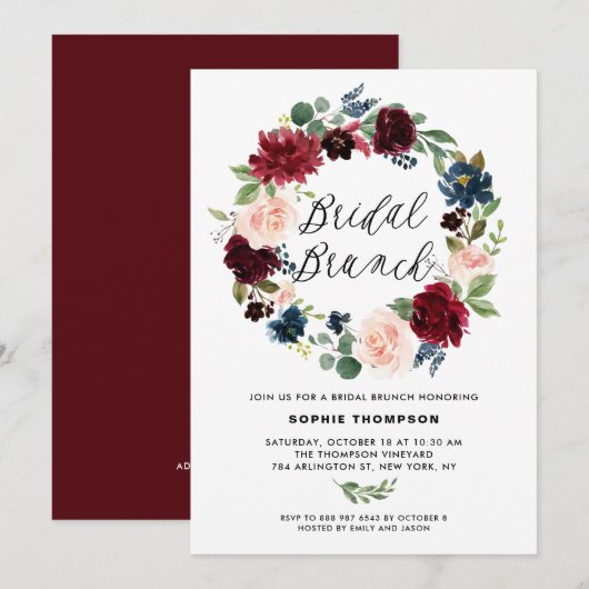 Burgundy en Blue Floral Wreath Bridal Brunch Kaart (Voorkant / Achterkant)