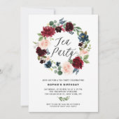 Burgundy en Blue Floral Wreath Tea Party Kaart (Voorkant)