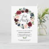 Burgundy en Blue Floral Wreath Tea Party Kaart (Staand voorkant)