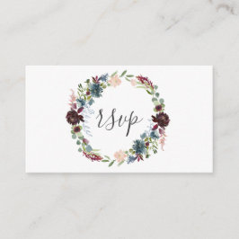 Burgundy en Blue Floral Wreath Wedding RSVP Informatiekaartje
