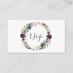 Burgundy en Blue Floral Wreath Wedding RSVP Informatiekaartje