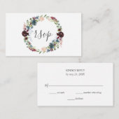 Burgundy en Blue Floral Wreath Wedding RSVP Informatiekaartje (Voorkant / Achterkant)