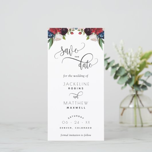 Burgundy en Blue Wedding Save the Date Bladwijzer (Staand voorkant)