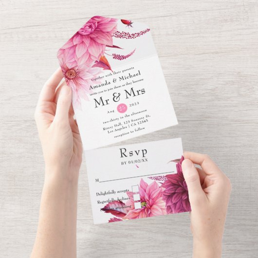 Burgundy en Blush Autumn Fall Wedding All In One Uitnodiging (Afscheurbaar)