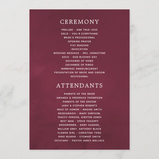 Burgundy en Blush Autumn Wedding Programmakaart (Achterkant)