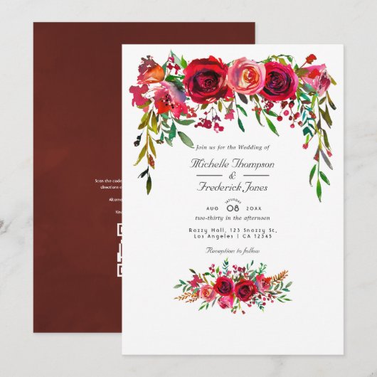 Burgundy en Blush Bloemencode QR Code RSVP Huwelij Kaart (Voorkant / Achterkant)
