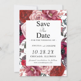 Burgundy en blush bloemige trouwkaart save the date