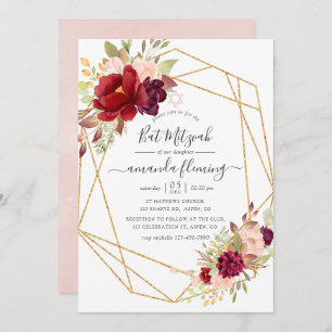 Burgundy en Blush Boho Geometric Bat Mitzvah Kaart
