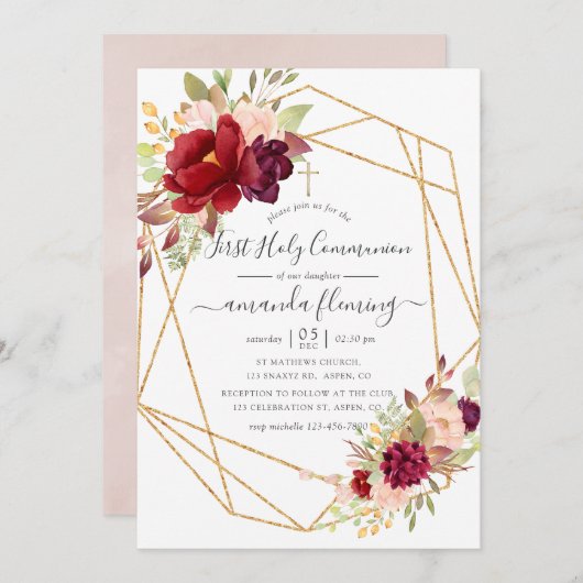 Burgundy en Blush Boho Geometric Heilige Communie Kaart (Voorkant / Achterkant)