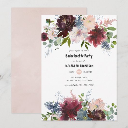 Burgundy en Blush Floral Bachelorette Party Kaart (Voorkant / Achterkant)