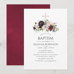 Burgundy en Blush Floral Baptism of Christening Kaart
