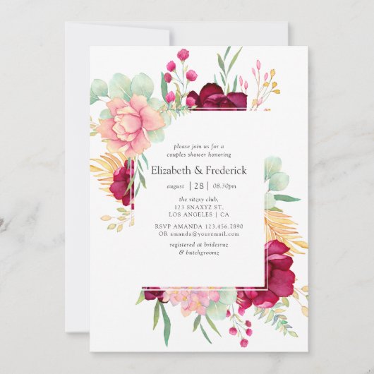 Burgundy en Blush Floral Couples Shower Kaart (Voorkant)