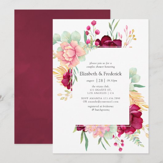 Burgundy en Blush Floral Couples Shower Kaart (Voorkant / Achterkant)