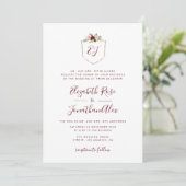 burgundy en blush floral crest trouwuitnodiging kaart (Staand voorkant)