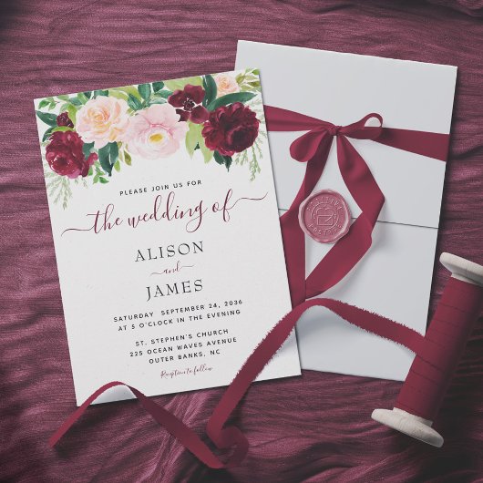 Burgundy en Blush Floral Elegant Wedding Kaart