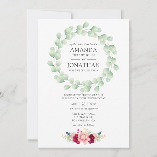 Burgundy en Blush Floral Eucalyptus Wedding Kaart (Voorkant)