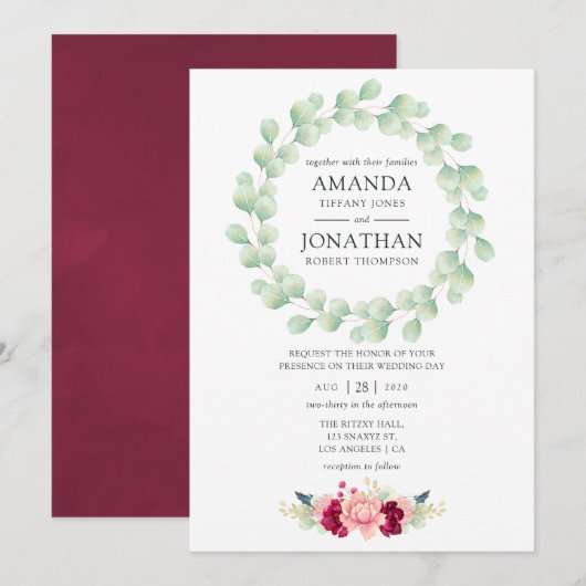 Burgundy en Blush Floral Eucalyptus Wedding Kaart (Voorkant / Achterkant)