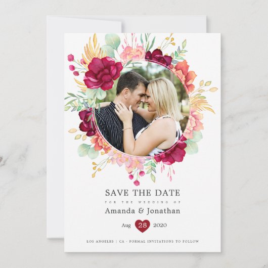 Burgundy en Blush Floral Eucalyptus Wedding Save The Date (Voorkant)