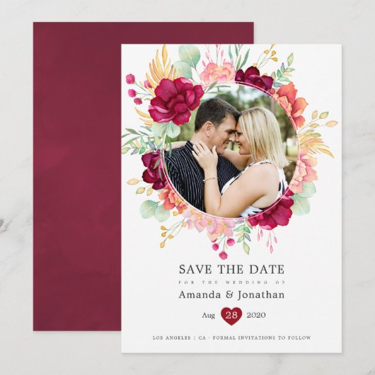 Burgundy en Blush Floral Eucalyptus Wedding Save The Date (Voorkant / Achterkant)