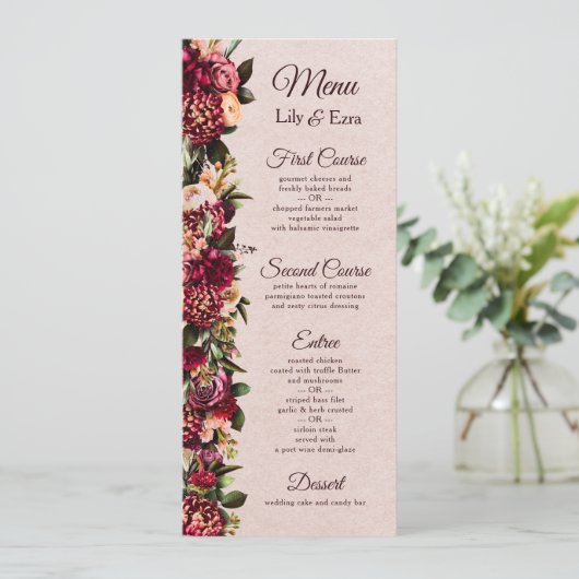 Burgundy en Blush Floral Menu (Staand voorkant)