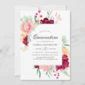 Burgundy en Blush Floral Quinceañera Kaart (Voorkant)