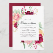 Burgundy en Blush Floral Quinceañera Kaart (Voorkant / Achterkant)