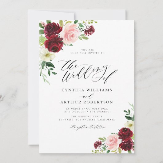 burgundy en blush floral script bruiloft kaart (Voorkant)