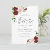 burgundy en blush floral script bruiloft kaart (Staand voorkant)