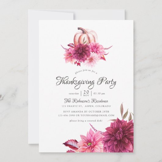 Burgundy en Blush Floral Thanksgiving Party Kaart (Voorkant)
