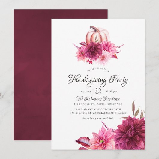 Burgundy en Blush Floral Thanksgiving Party Kaart (Voorkant / Achterkant)