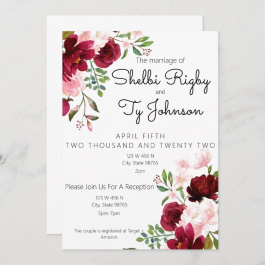 Burgundy en Blush Floral Wedding Invitation Save The Date (Voorkant / Achterkant)