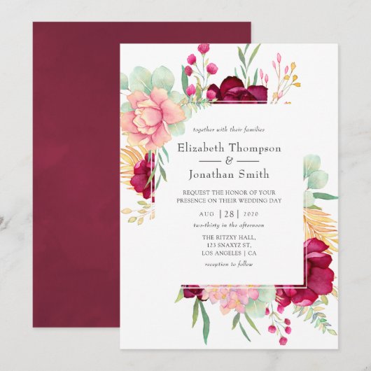 Burgundy en Blush Floral Wedding Kaart (Voorkant / Achterkant)