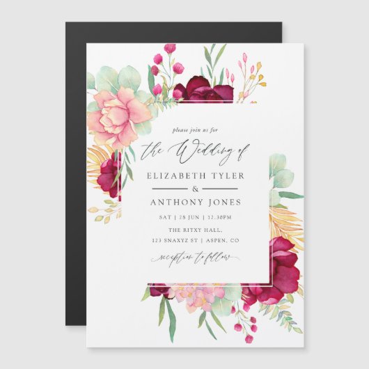 Burgundy en Blush Floral Wedding Magnetische Uitnodiging (Voorkant / Achterkant)