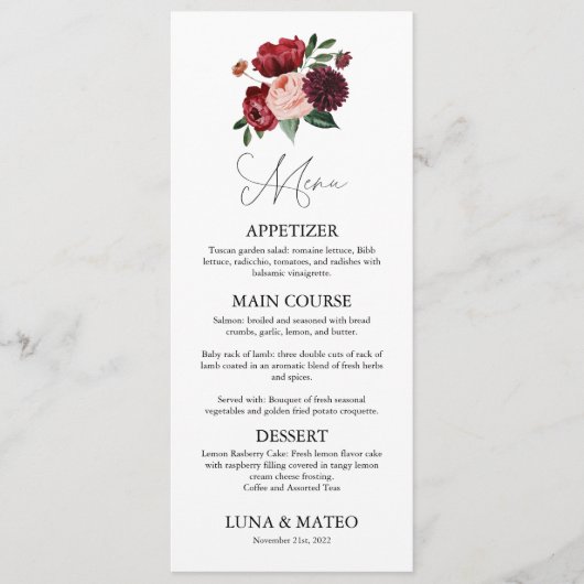Burgundy en Blush Floral Wedding Menu (Voorkant)