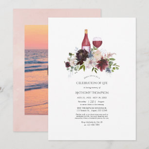 Burgundy en Blush Floral Wine Celebration of Life Kaart