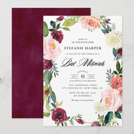Burgundy en Blush Floral Wreath Herfst Bat Mitzvah Kaart (Voorkant / Achterkant)