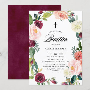 Burgundy en Blush Floral Wreath Herfst Bautizo Kaart