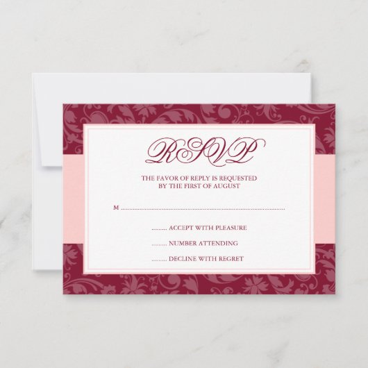 Burgundy en Blush Pink Damask Swirl Wedding RSVP (Voorkant)
