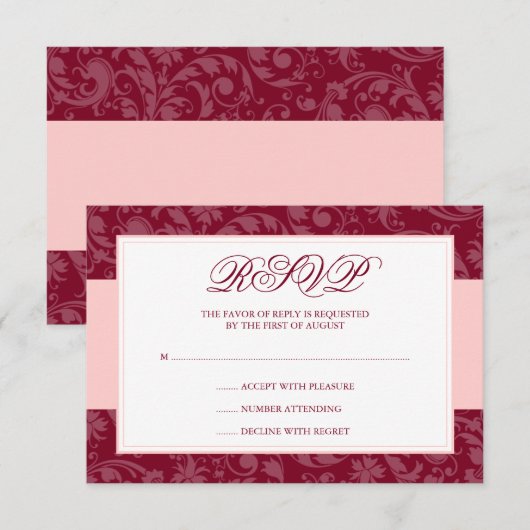 Burgundy en Blush Pink Damask Swirl Wedding RSVP (Voorkant / Achterkant)