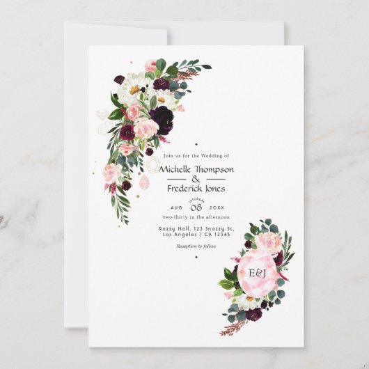 Burgundy en Blush Pink Diamond Monogram Weddenscha Kaart (Voorkant)