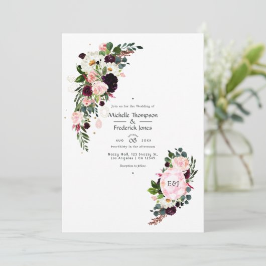 Burgundy en Blush Pink Diamond Monogram Weddenscha Kaart (Staand voorkant)