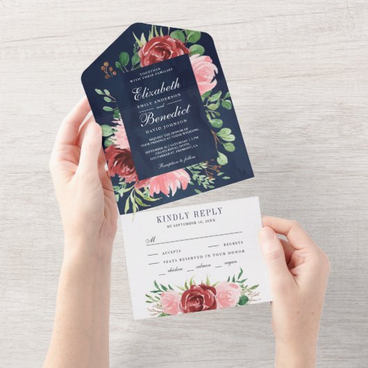 Burgundy en Blush Pink Floral Navy Blue Wedding All In One Uitnodiging (Afscheurbaar)