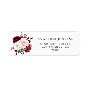 Burgundy en Blush Pink Floral Return Address Etiket