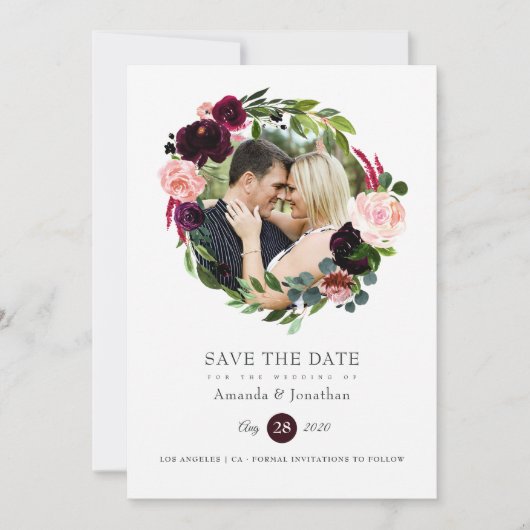 Burgundy en Blush Pink Floral Wedding Foto Save The Date (Voorkant)