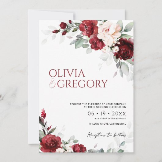 Burgundy en Blush Pink Floral Wedding Invitation Kaart (Voorkant)