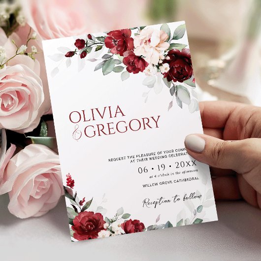 Burgundy en Blush Pink Floral Wedding Invitation Kaart