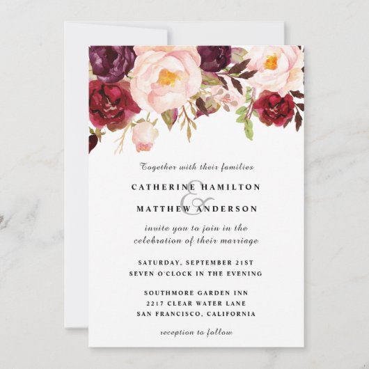 Burgundy en Blush Pink Floral Wedding Kaart (Voorkant)