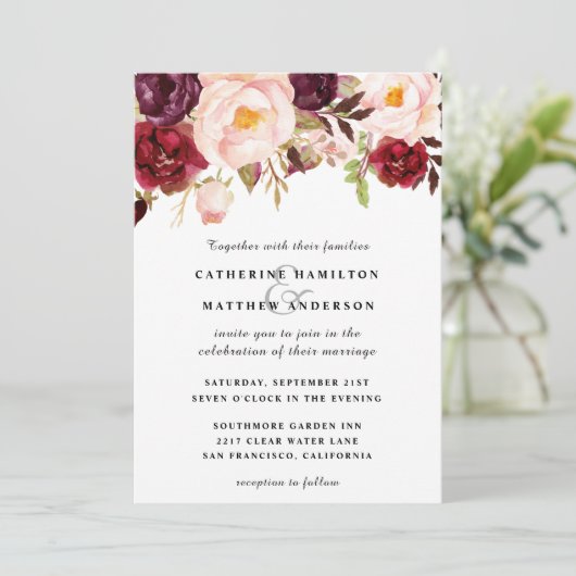 Burgundy en Blush Pink Floral Wedding Kaart (Staand voorkant)